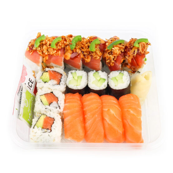 6 pc Crunchy Tuna Roll, 3pc Cucumber Regular Roll, 3pc Salmon Avocado Roll, 4 pcs Salmon Nigiri